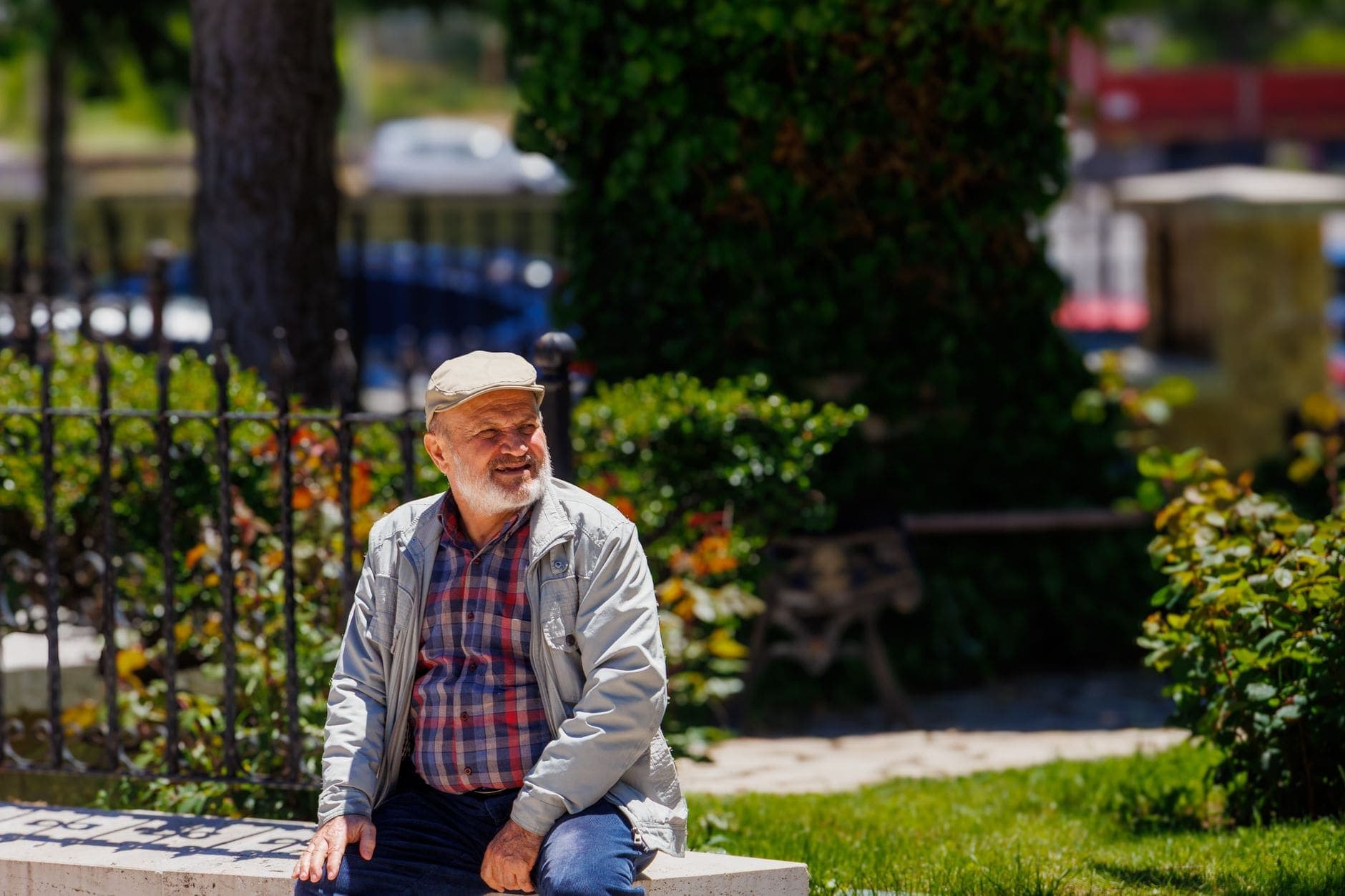 Ősz szakállú férfi ül egy padon zöld növények között, és oldalra néz.