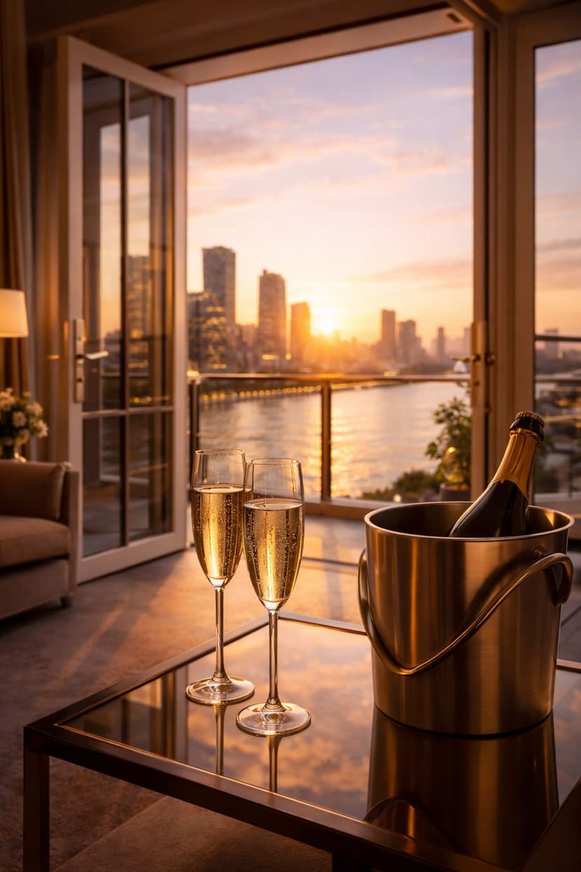 To champagneglas og en kølet flaske på et luksuriøst penthouse med udsigt over byen ved solnedgang, symbol på romantik uden bindinger og moderne sugardating i Danmark.