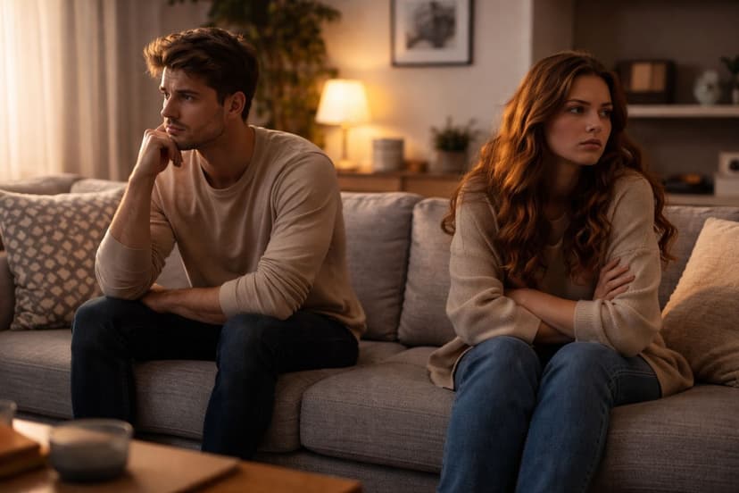 Par der sidder adskilt i sofa med følelsesmæssig distance som symbol på udfordringer i traditionelle forhold og behov for moderne datingformer.