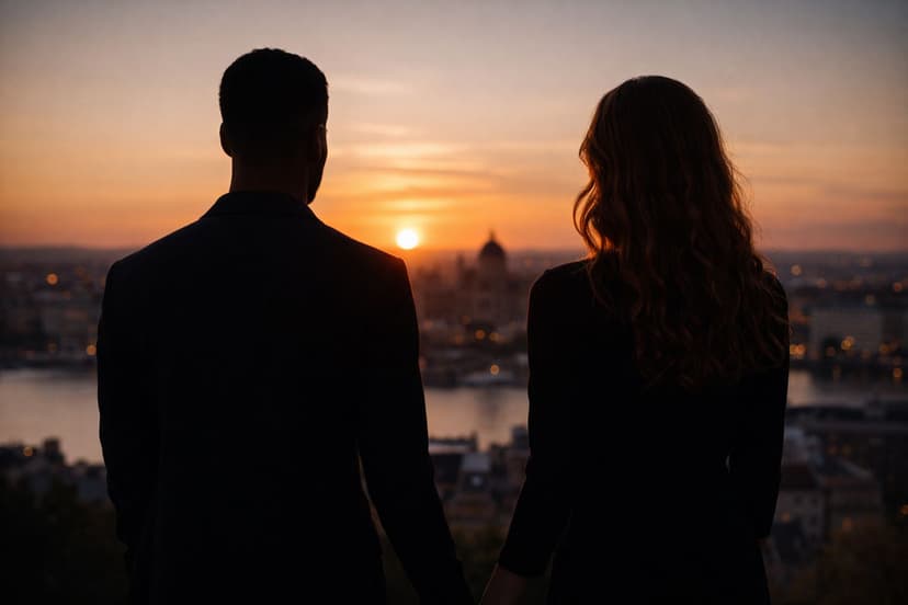 To silhuetter med afstand ved solnedgang som symbol på følelser, bevidsthed og relationer uden bindinger i moderne sugardating.