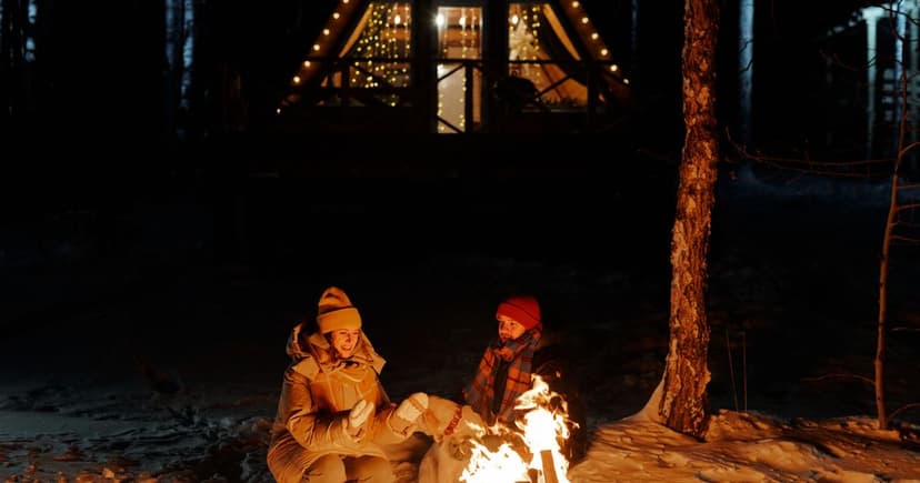 Pari istuu nuotion ääressä lumisessa metsässä, taustalla valoin koristeltu mökki.