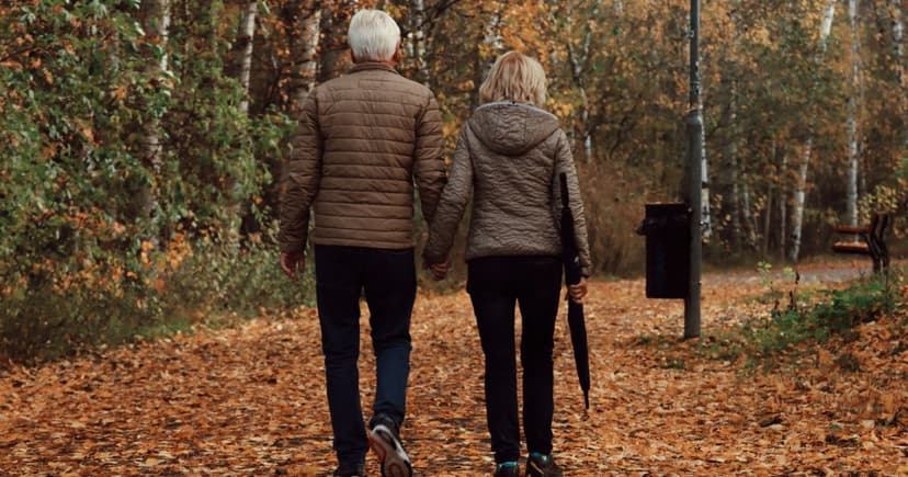 An older couple in quilted jackets hold hands walking away down a leaf-covered woodland path among birch trees in autumn.