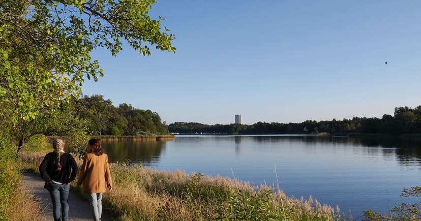 Zwei Menschen gehen auf einem Uferweg an einem großen See entlang, im Hintergrund Schilf, Bäume und ein einzelnes Hochhaus.