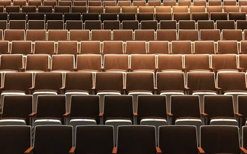 Rows of empty brown auditorium seats lit by warm light in a quiet theatre.