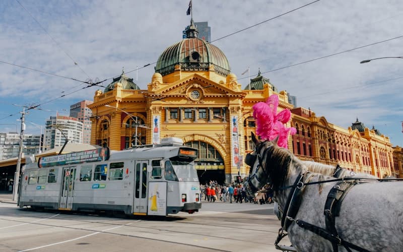 A grey tram passes a yellow domed station while a plumed horse waits in the foreground.