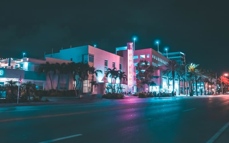 Pink and teal neon lights an art deco street with palm trees at night.