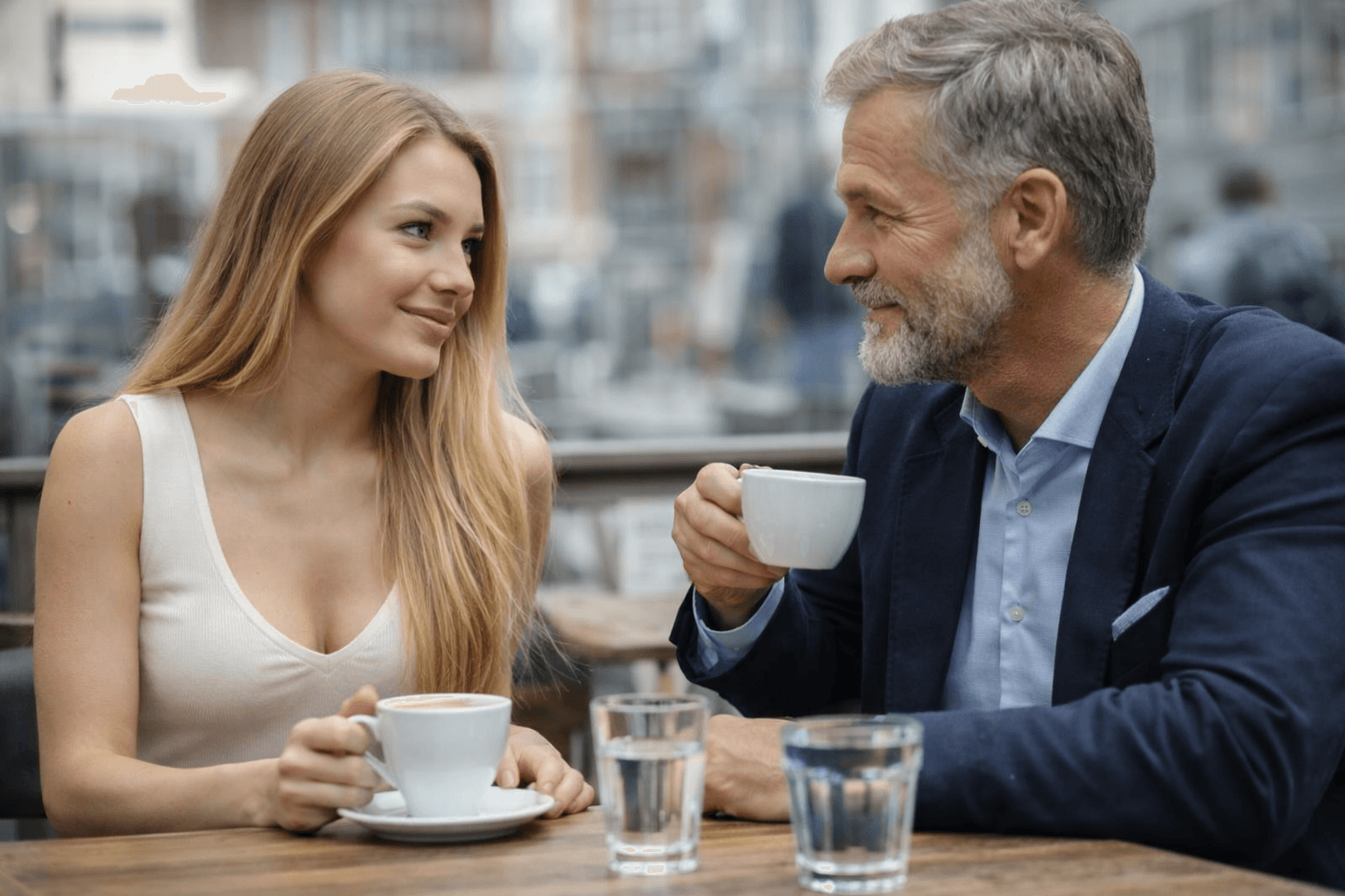 Sugar dating i Danmark – ung kvinde og ældre mand mødes til første date på café med fokus på tryghed og gensidig respekt