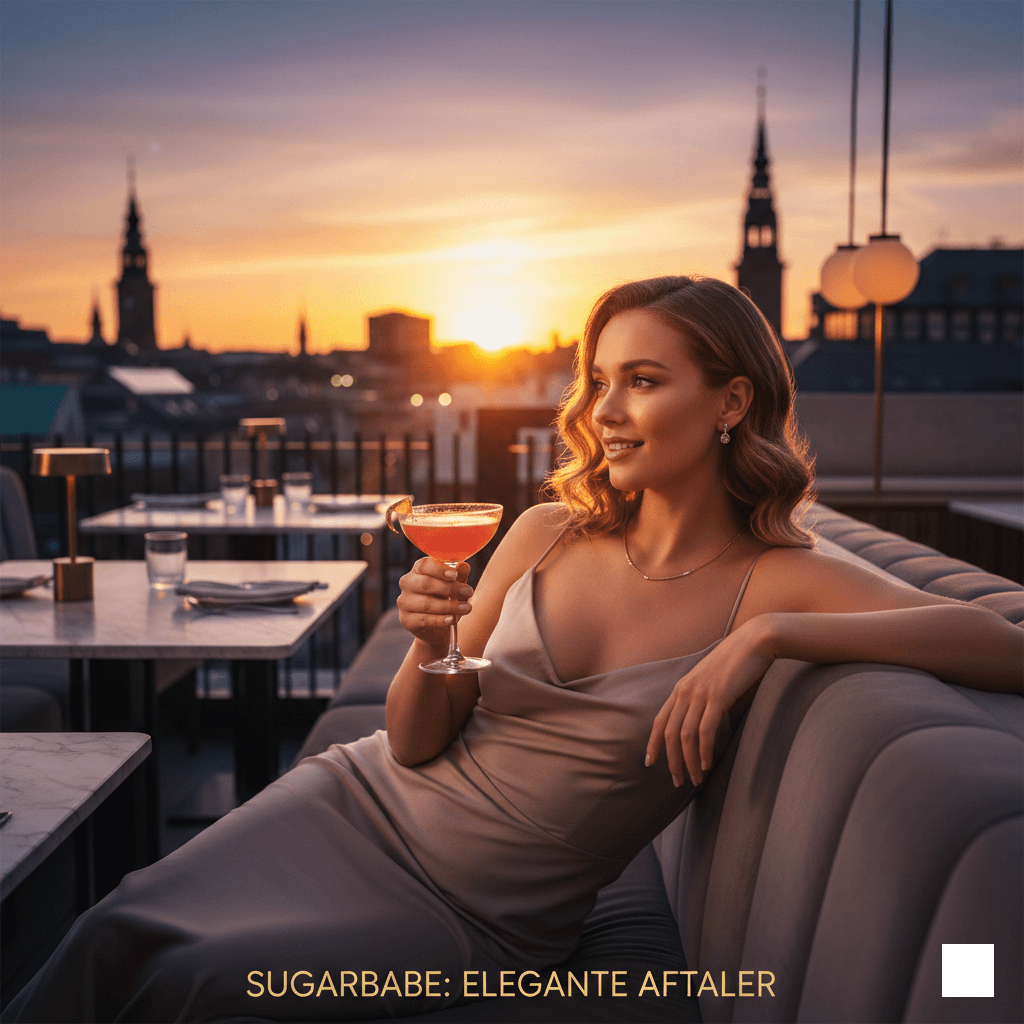 Ung SugarBabe på luksus rooftop restaurant ved solnedgang – sugardating i Danmark