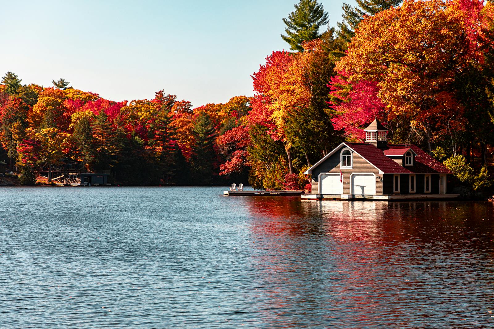 Lakeside cottage in Ontario with vibrant fall foliage